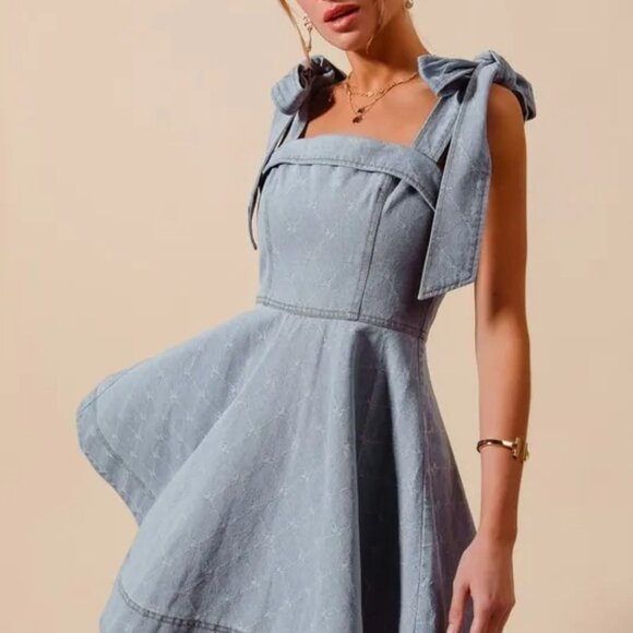 ✨NWT SO ME A Line Fit and Flare‎ Diamond Bow Ribbon Denim Dres - Picture 5 of 10
